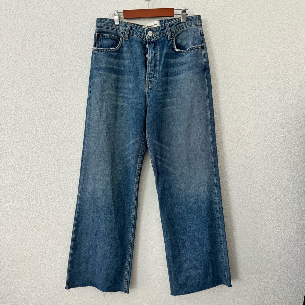 Reformation Fawcett Jean Celtic Denim Relaxed Wide Fit Raw Hem High Rise size 30